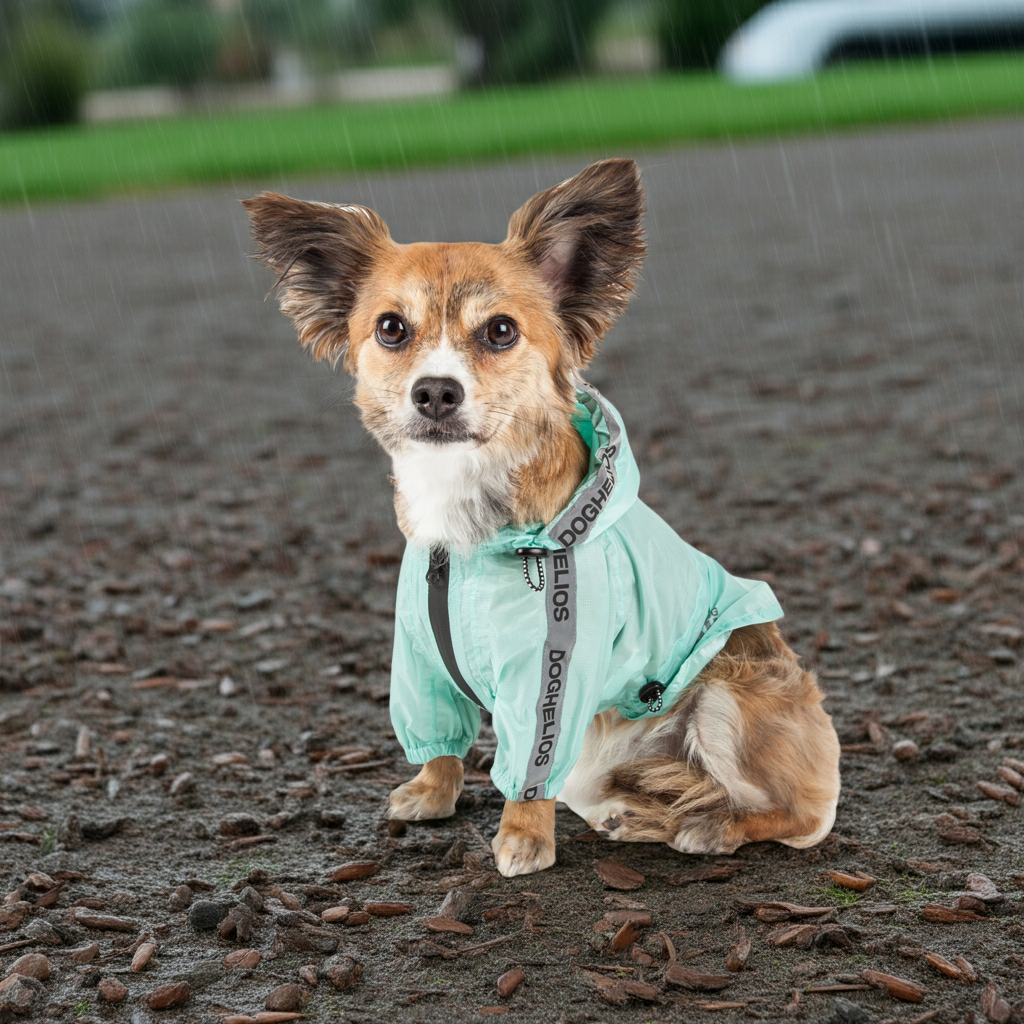 Dog waterproof raincoat poncho in aqua teal with hood, dual leash zipper openings, reflective trim