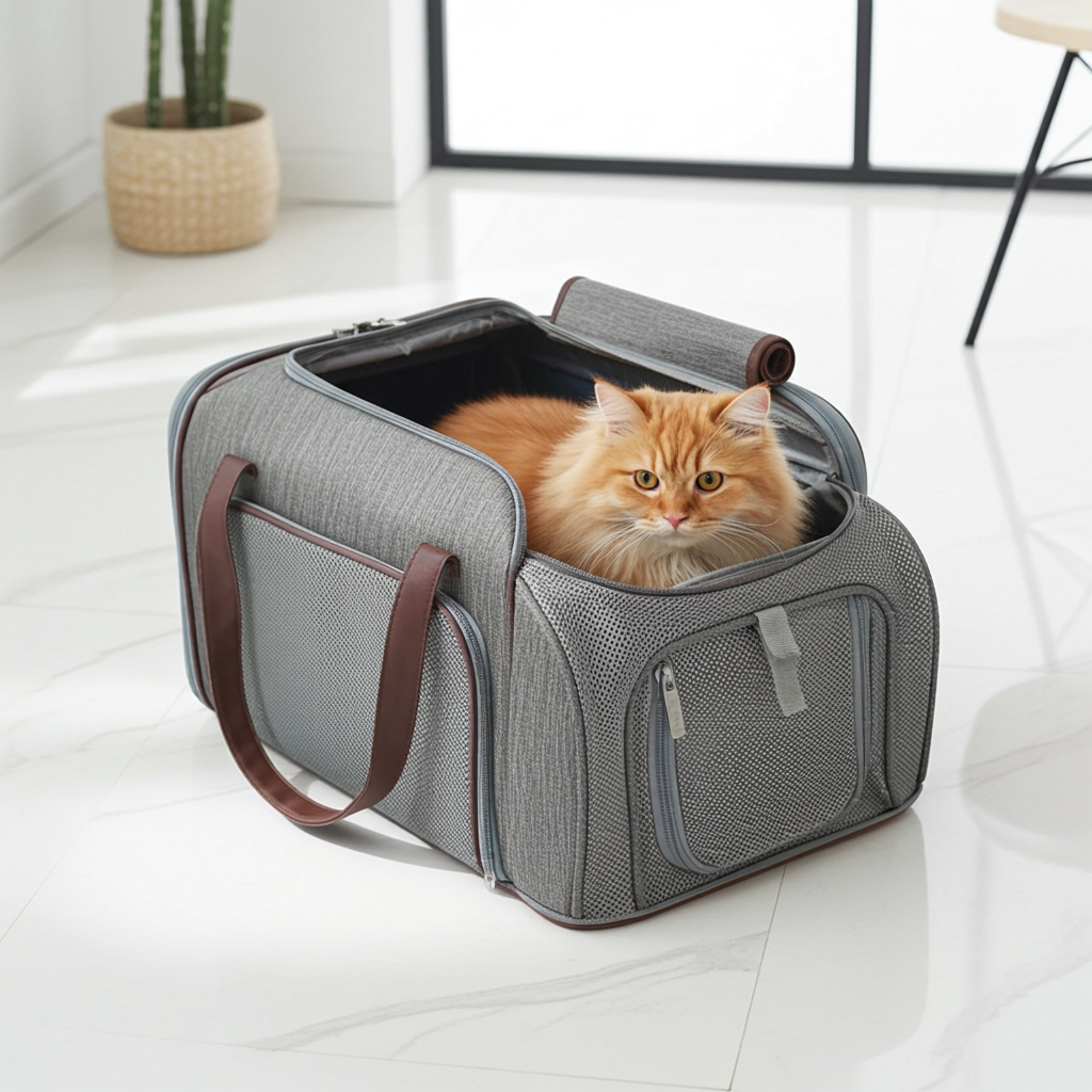 Gray expandable pet carrier with brown trim, open top door, showing kitten inside