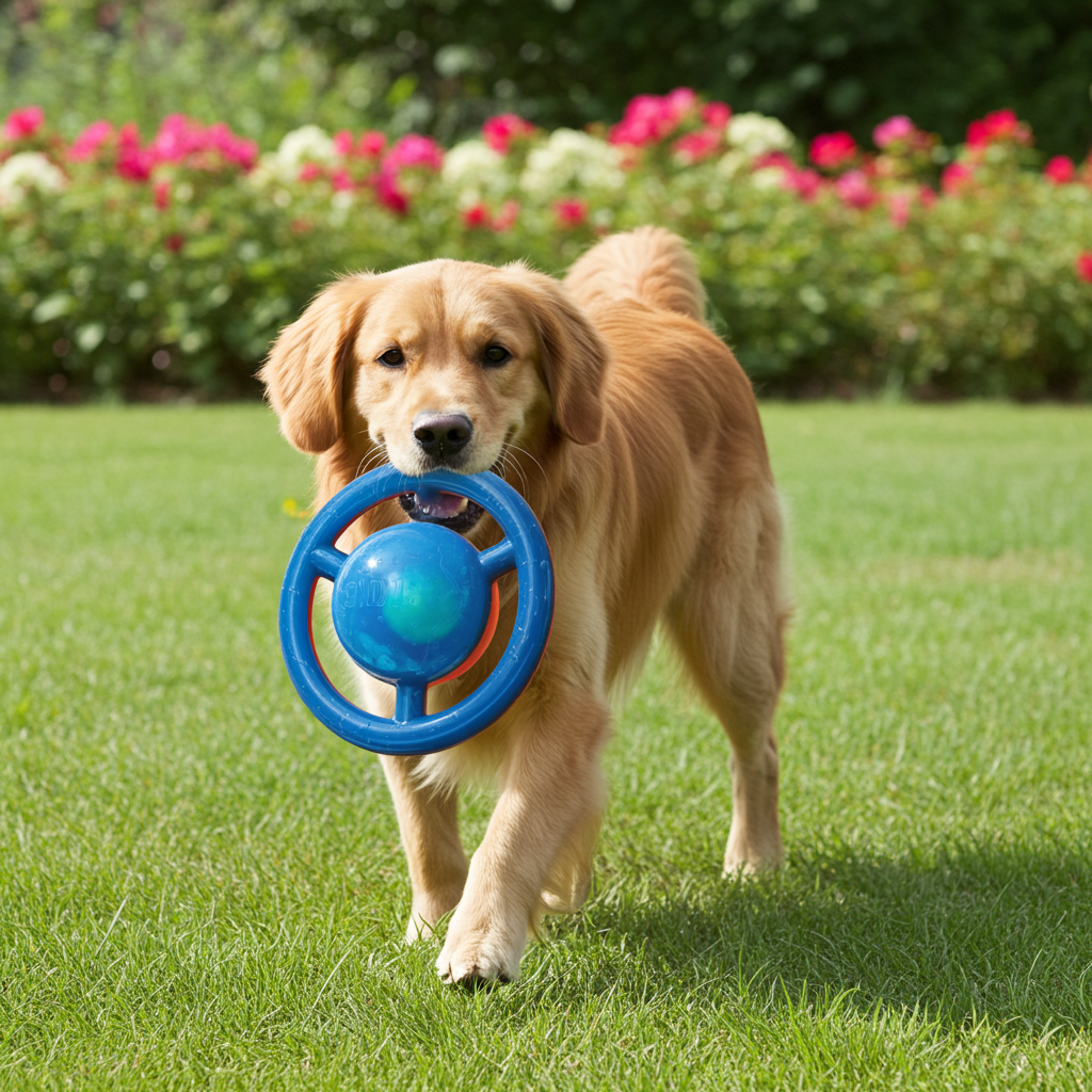 Blue disc squeaker dog toy with ring handle