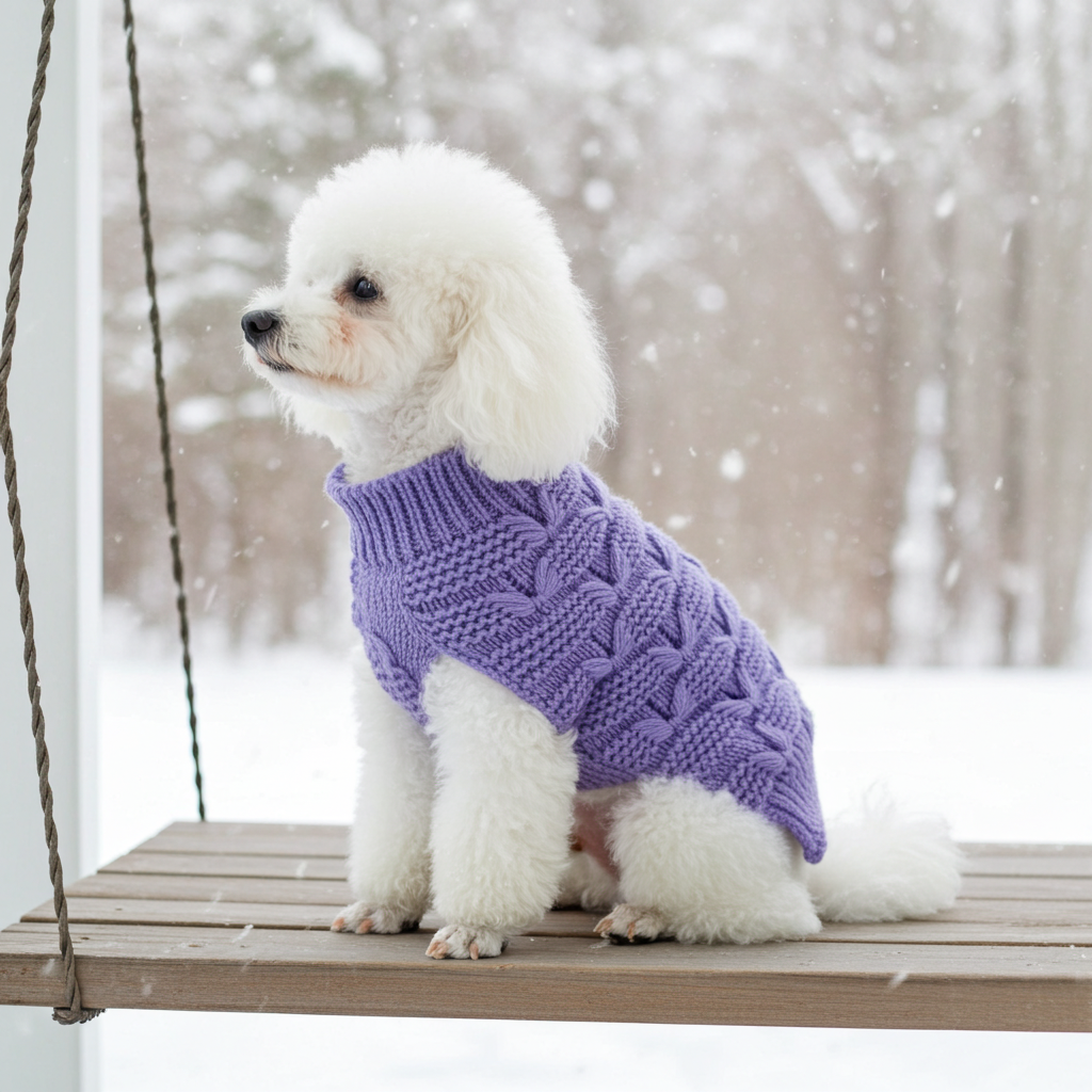 Lavender-purple dog turtleneck cable-knit sweater with butterfly stitch details