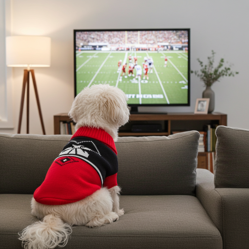 Dog sweater with black snowflake knit and red ribbed turtleneck