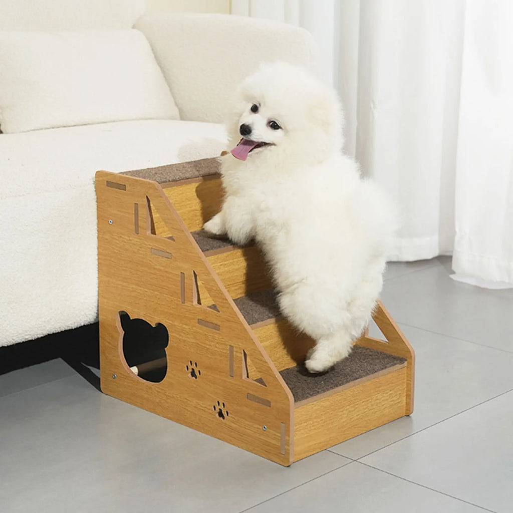 Wooden pet stairs with 3 steps, gray carpet tread surfaces, paw details