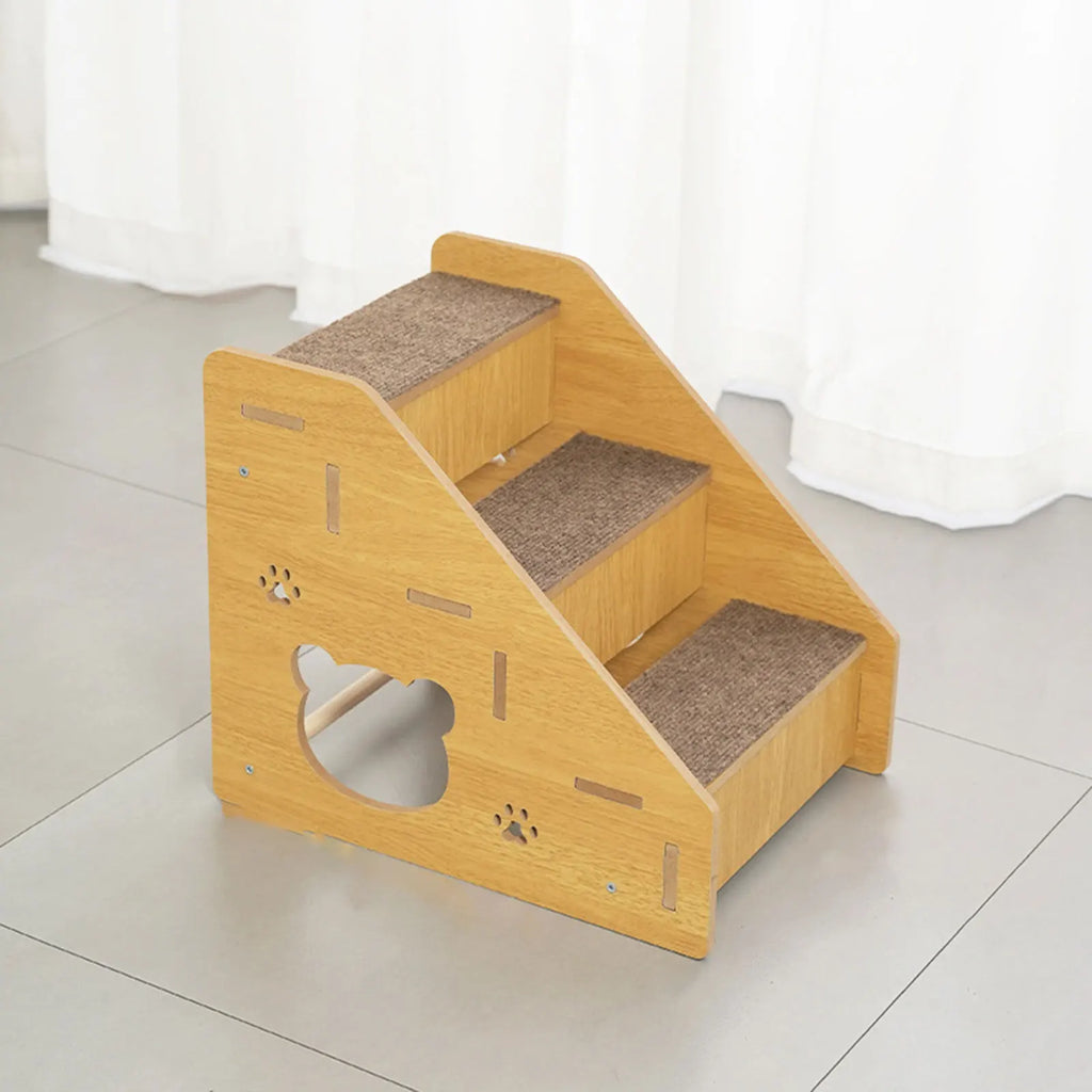 Wooden pet stairs with 3 gray carpet treads and open side panels