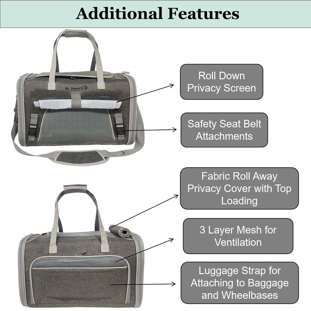 Gray expandable pet carrier with privacy screen, safety belt attachment points, and mesh ventilation