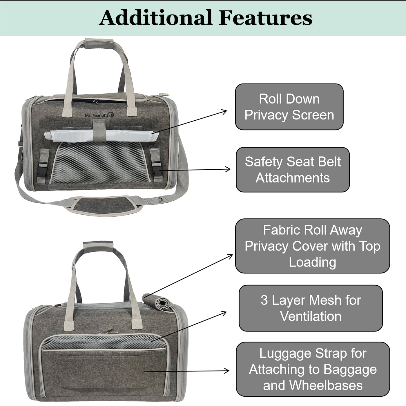 Gray expandable pet carrier with privacy screen, safety belt attachment points, and mesh ventilation