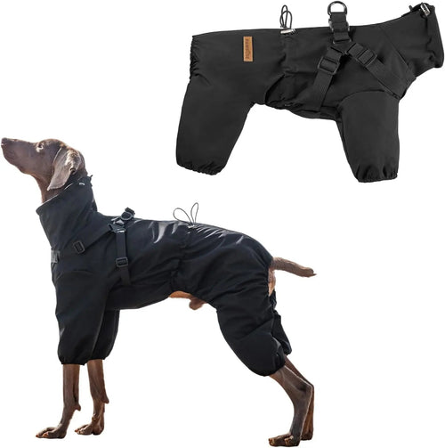 Black dog raincoat with harness, four-leg cut and adjustable leg/neck straps