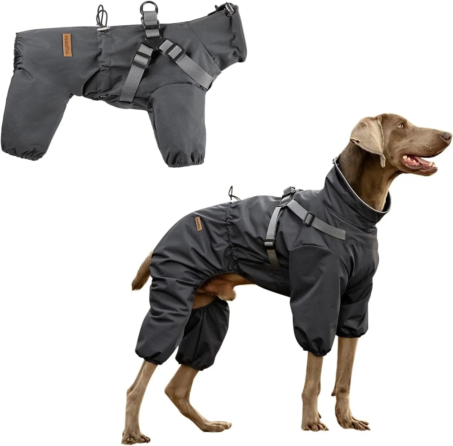 Dark grey waterproof dog raincoat with harness straps and four-leg coverage