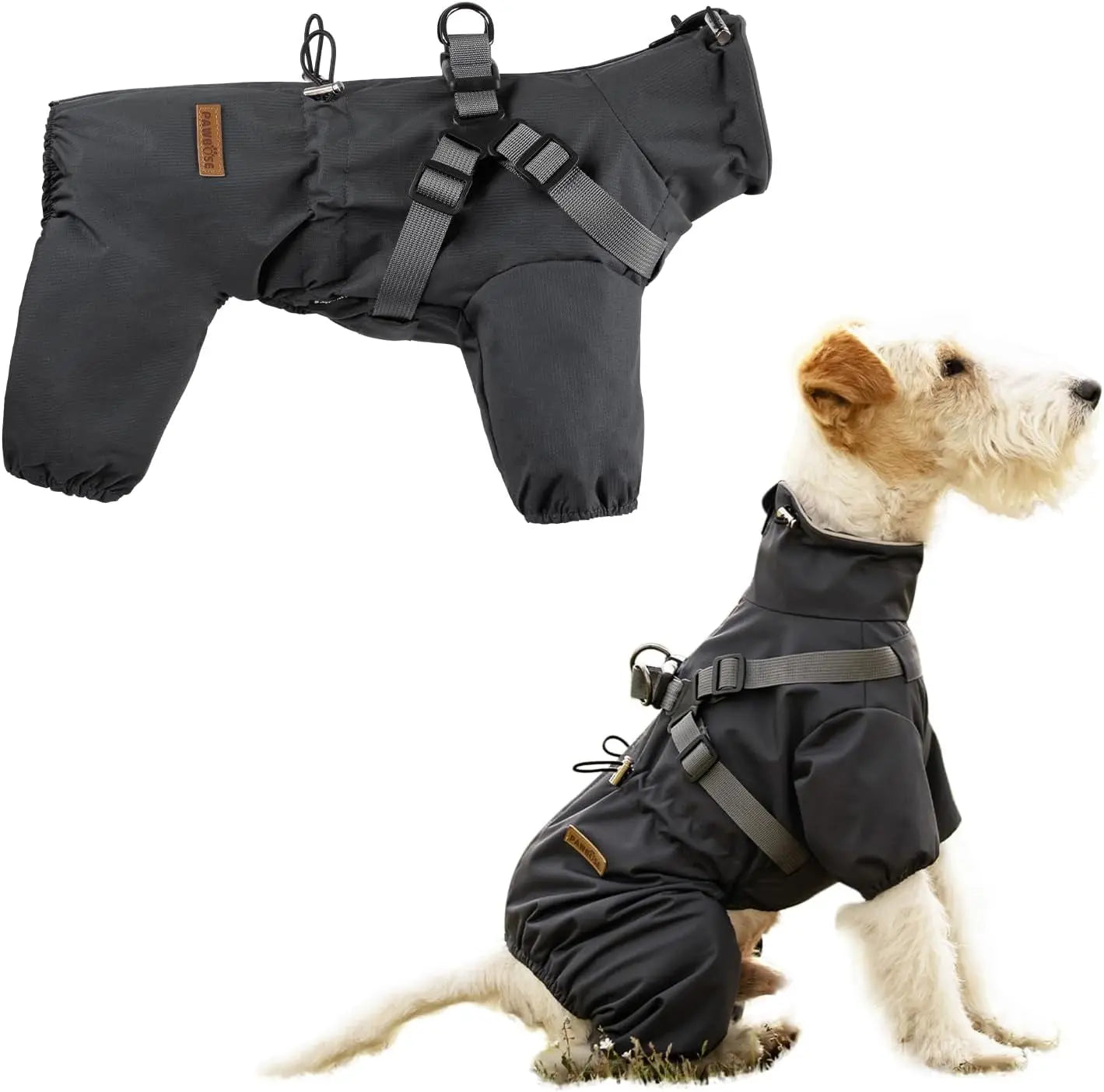 Dark grey dog raincoat with harness straps and covered belly area, four-leg style