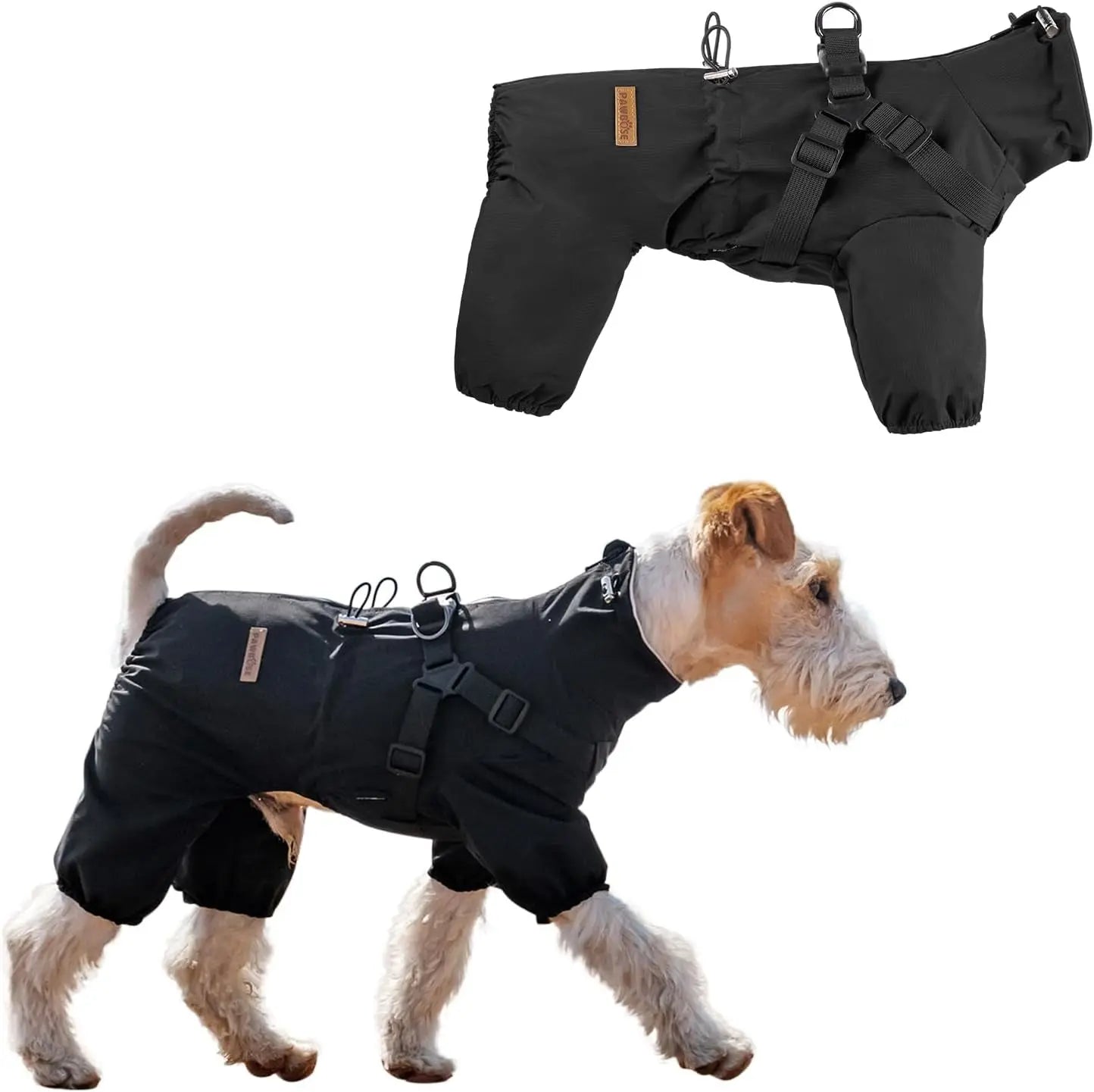 Dark grey waterproof dog raincoat with harness straps and front-leg openings