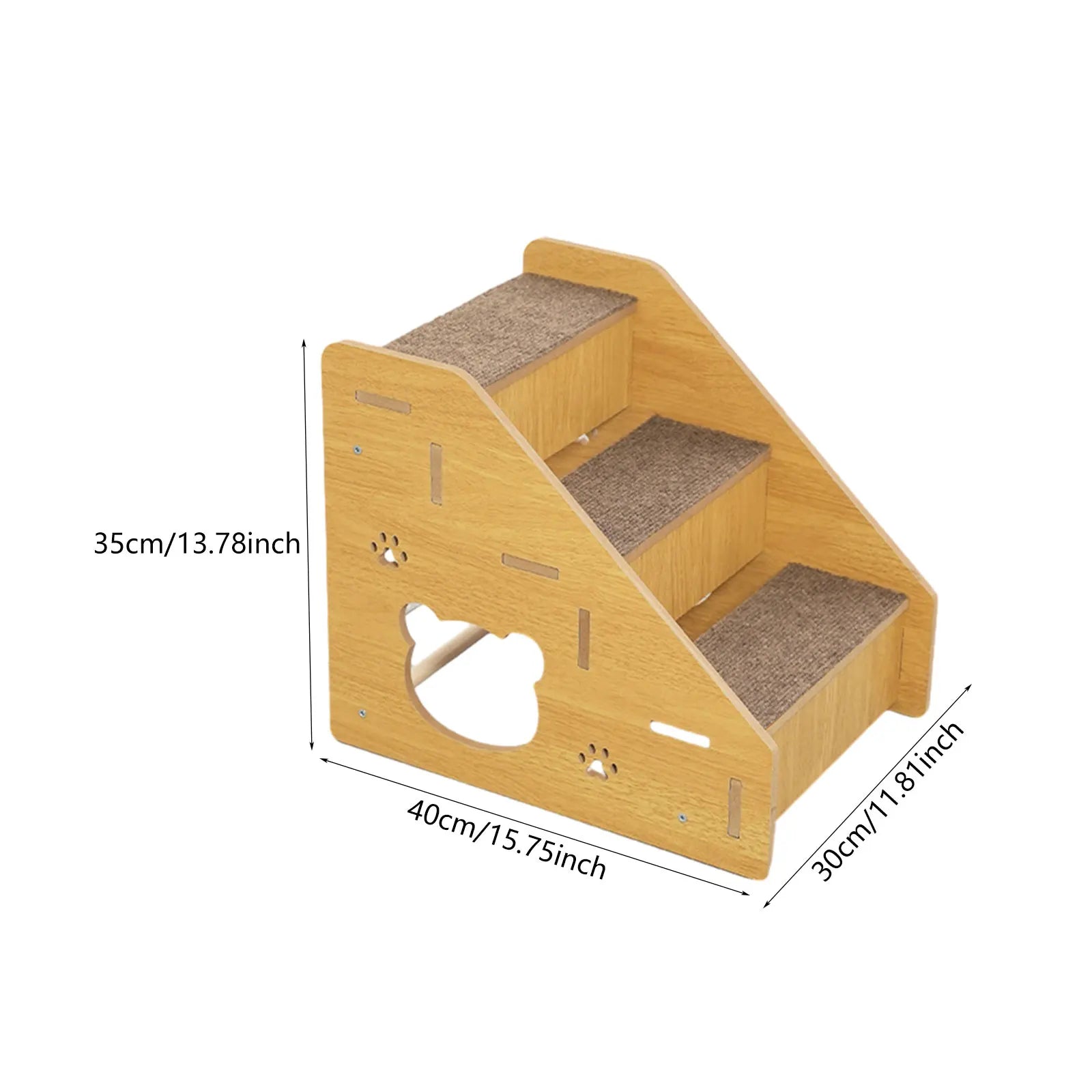 Three-step wooden pet stairs with gray carpet treads, angled view on white background