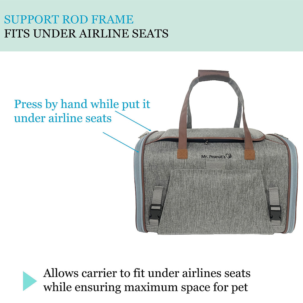 Gray airline-style pet carrier with support frame and foldable design for seat fit