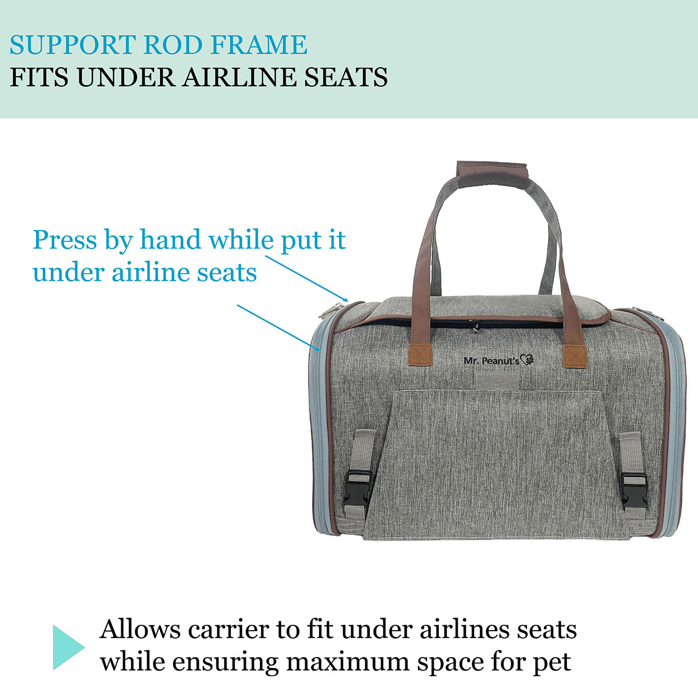 Gray airline-style pet carrier with support frame and foldable design for seat fit