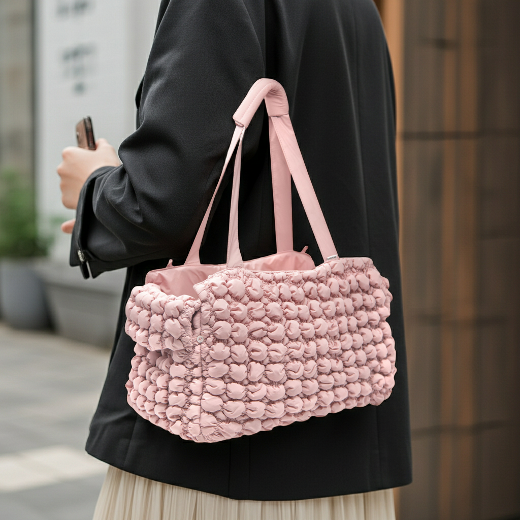 Ultra-plush fashion pet carrier bag with pink bubble-texture and ribbon handles