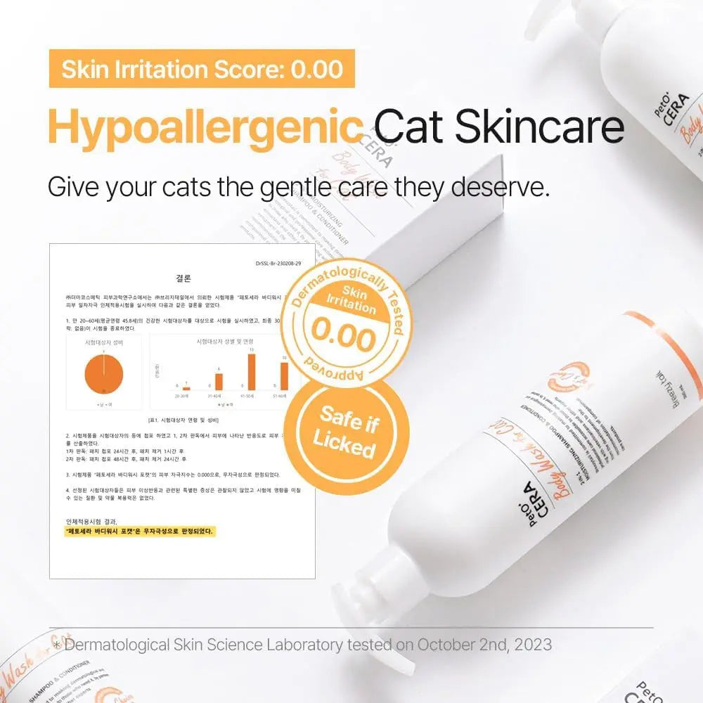 Hypoallergenic cat skincare graphic with irritation score and product tube