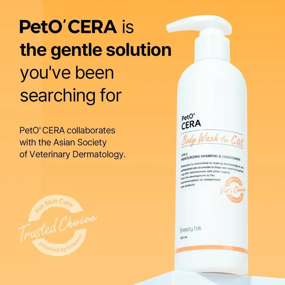 PetO’CERA cat body wash bottle with pump and body wash for cat label