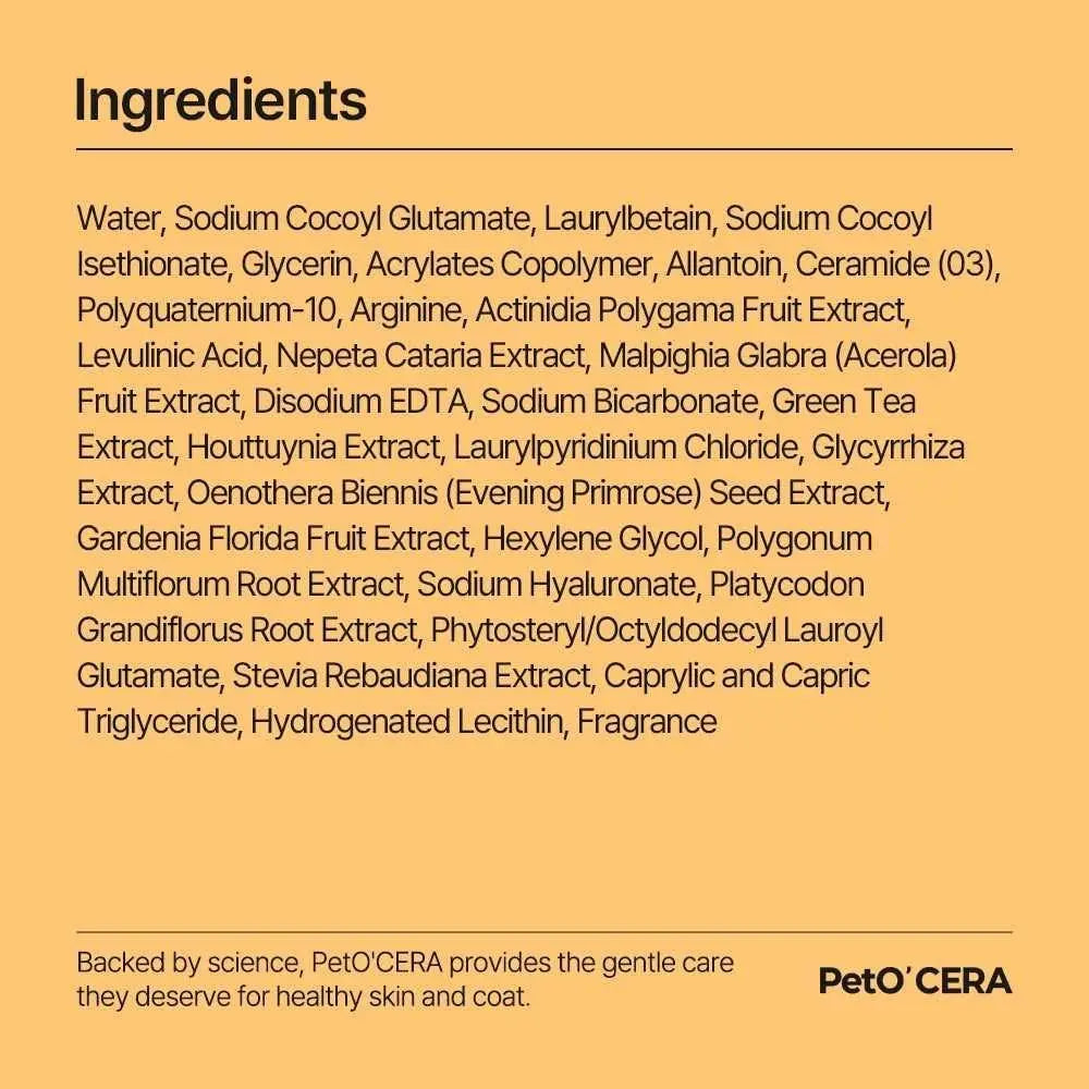 Cat body wash ingredients panel with ingredient list and PetO’CERA branding