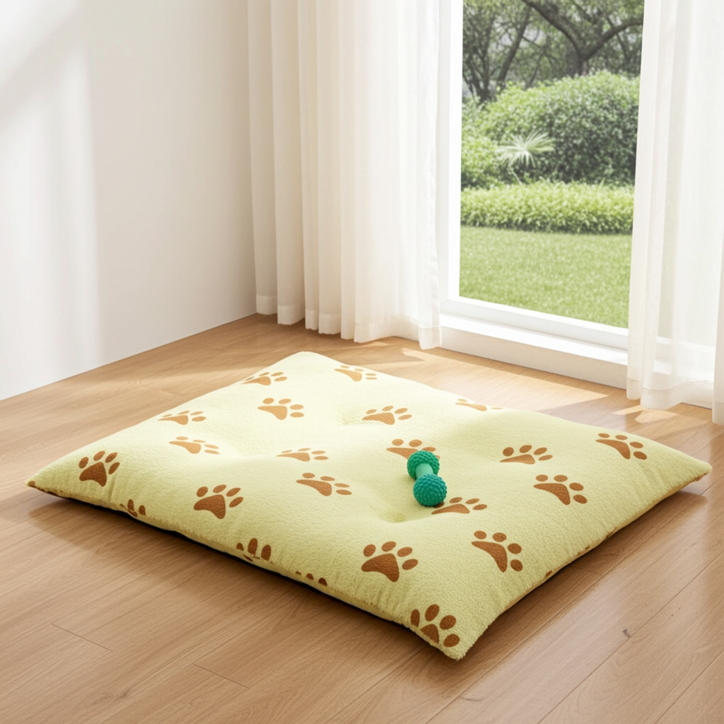 Golden Pawprints on Buttercream Sky Pet Bed — Coral Fleece, Removable Cover, 40" × 30"