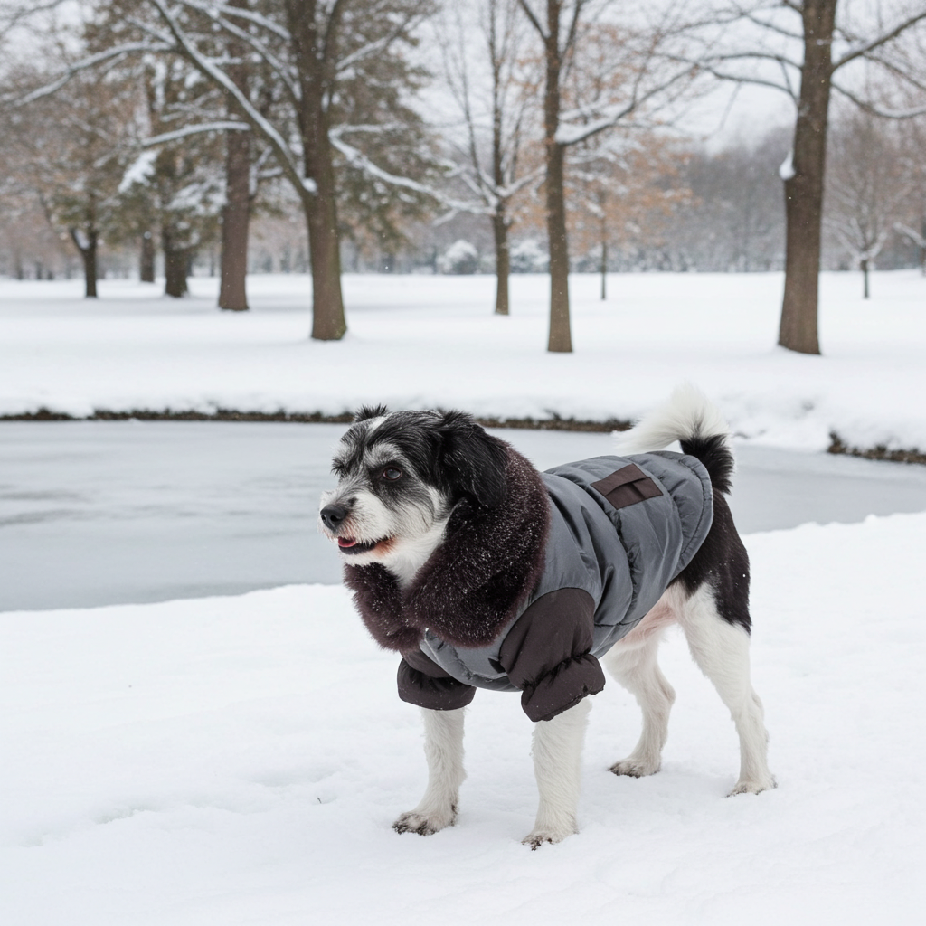 Insulated dog jacket in dark gray with brown faux fur trim and padded hood