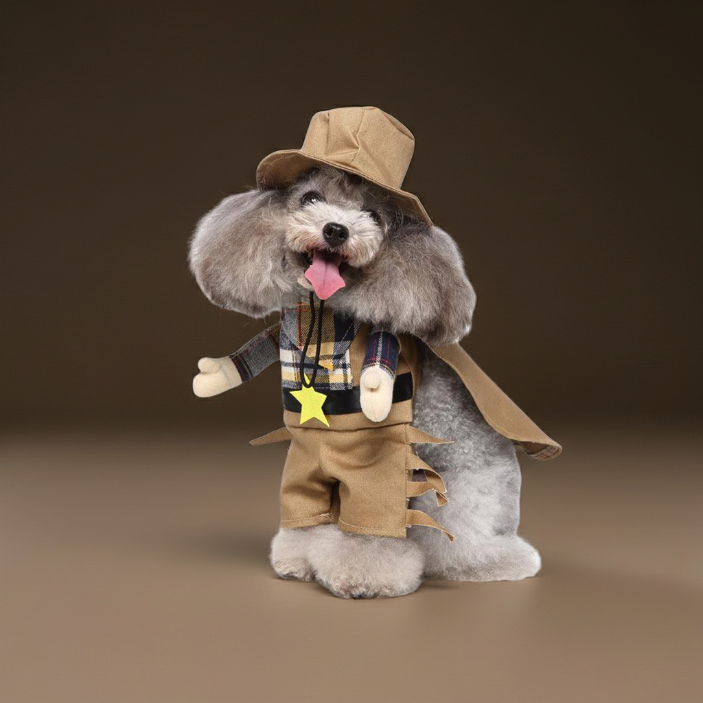Pet dog cosplay costume: beige hat and tan tunic with plaid band, star patch, paws
