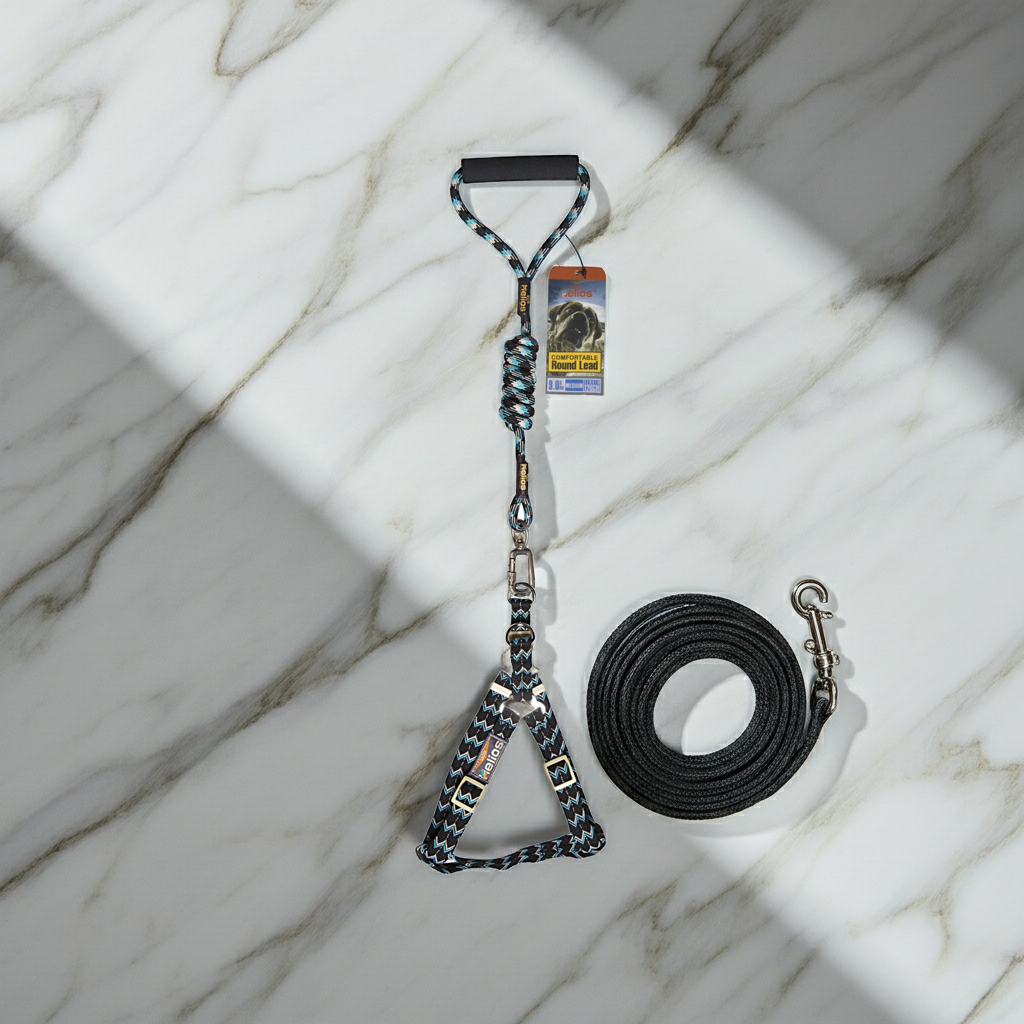 Dog designer leash and harness set with patterned webbing and metal clips, black.