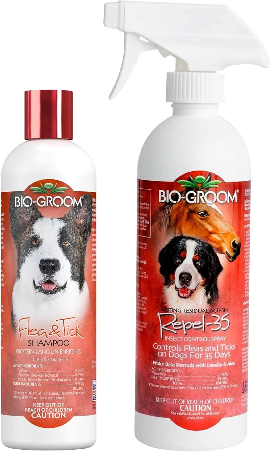 Bio-Groom flea & tick shampoo and Repel-35 spray bottles, white with red accents