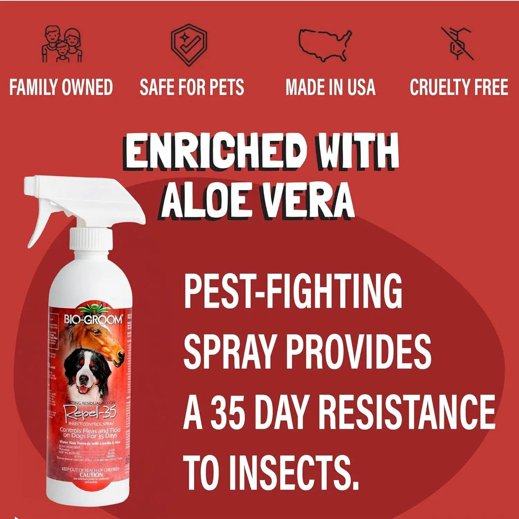 Bio-Groom Repel-35 pest spray bottle with white trigger, red label