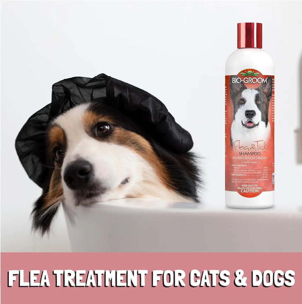 Bio-Groom Flea & Tick shampoo bottle with red cap, white pump