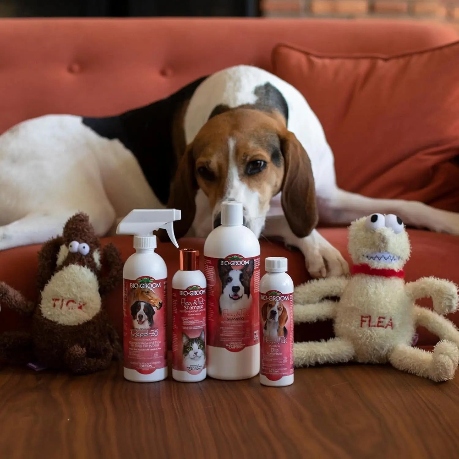 Bio-Groom assortment of pet care bottles and spray products with red caps