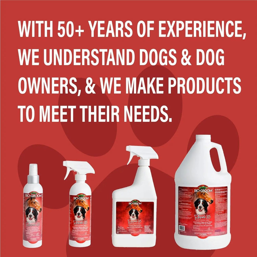 Bio-Groom pet care bottle lineup featuring white bottles with red caps