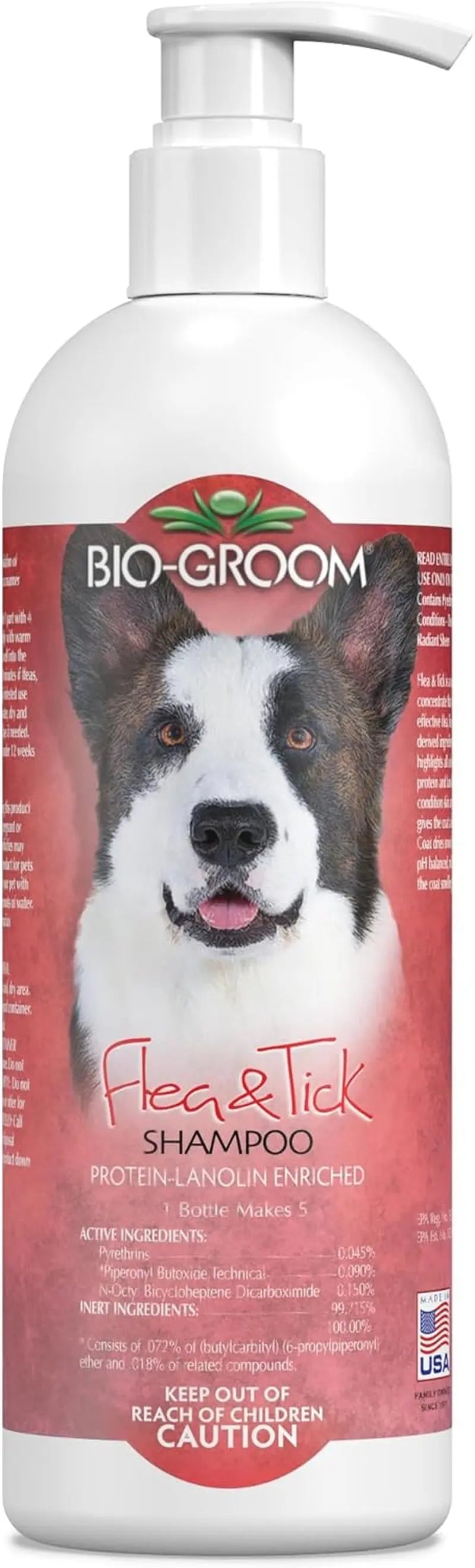 Bio-Groom Flea & Tick shampoo pump bottle, white with red label and dog illustration