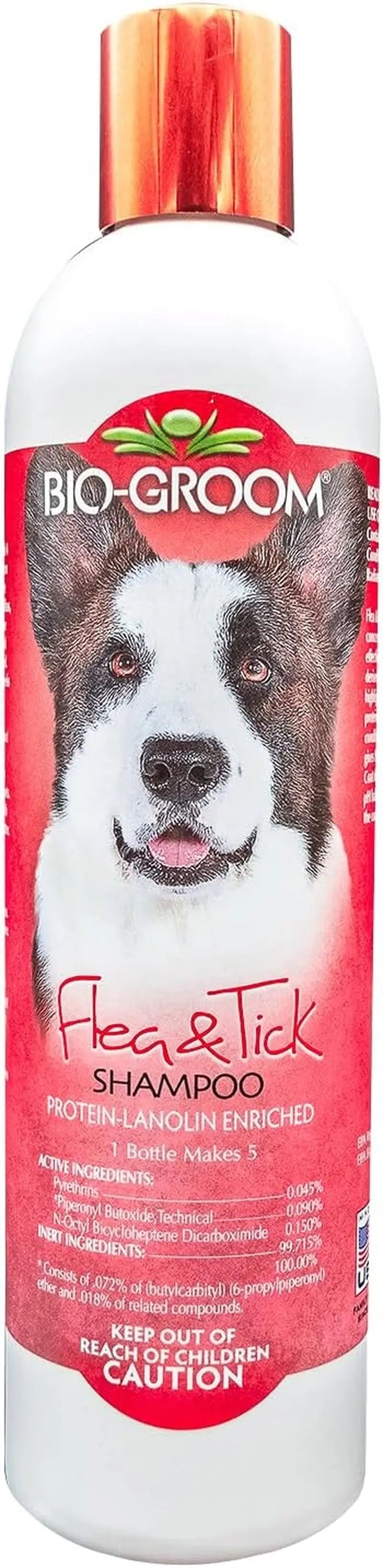 Bio-Groom Flea & Tick shampoo bottle close-up with red cap, white body