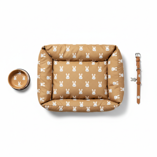 Brown bunny-print pet bed set with matching bowl and collar