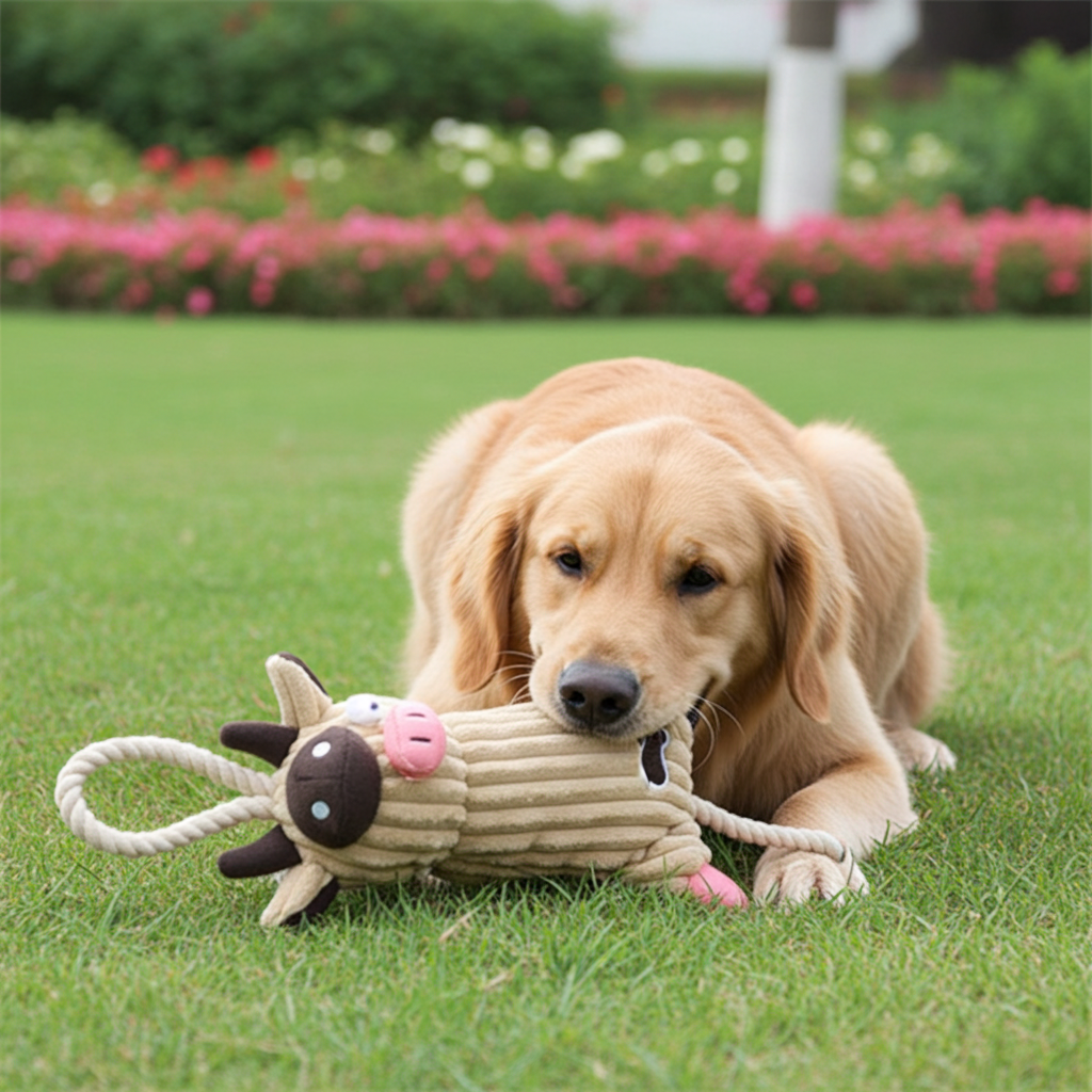 Plush cow dog tug toy with jute rope, beige and dark brown