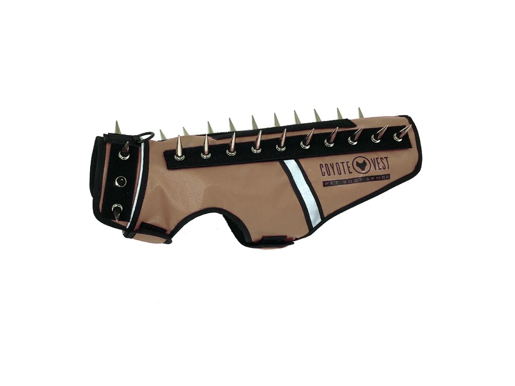 Texas tan spike cat vest with black spikes and white stripe, logo patch