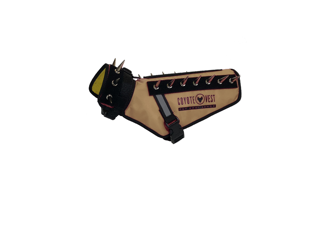 Texas tan pet vest with black spikes, D-ring leash clip, and adjustable straps