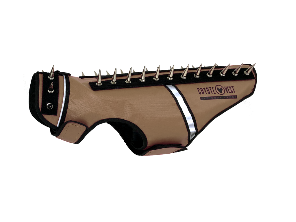 Tan spike cat vest with black spikes and white stripe, logo patch