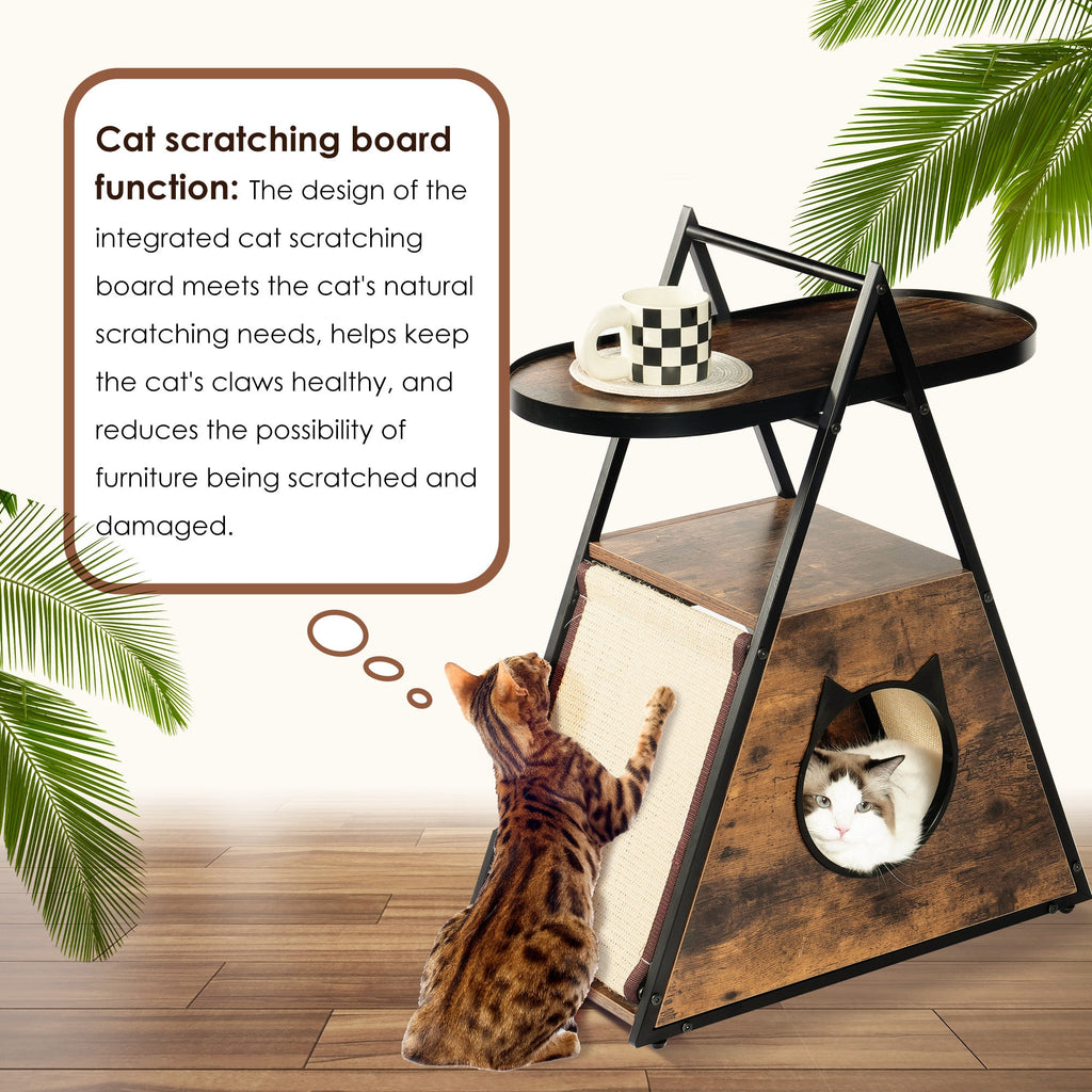 Cat scratching board function with integrated scratch pad and cat entry bed on end table