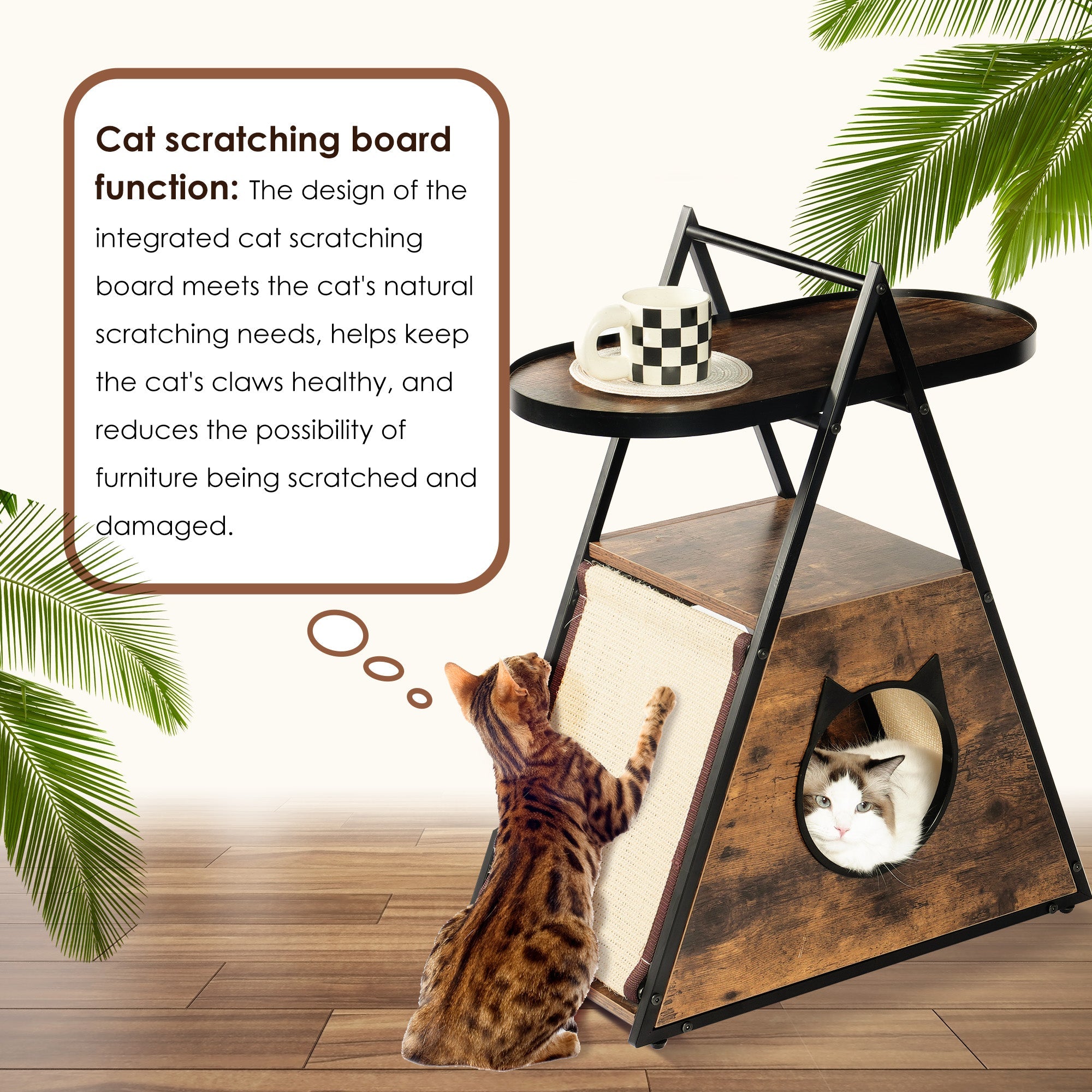 Cat scratching board function with integrated scratch pad and cat entry bed on end table
