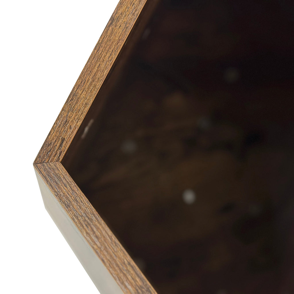 Antique brown MDF cat kennel side table, close-up of interior edge and open hexagon opening