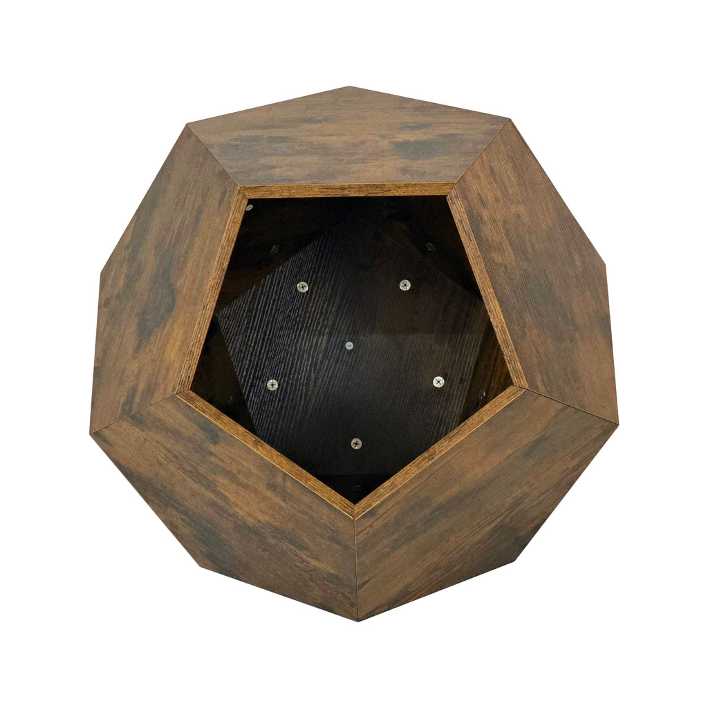 Antique brown MDF hexagonal cat kennel side table with open entrance and black interior mat