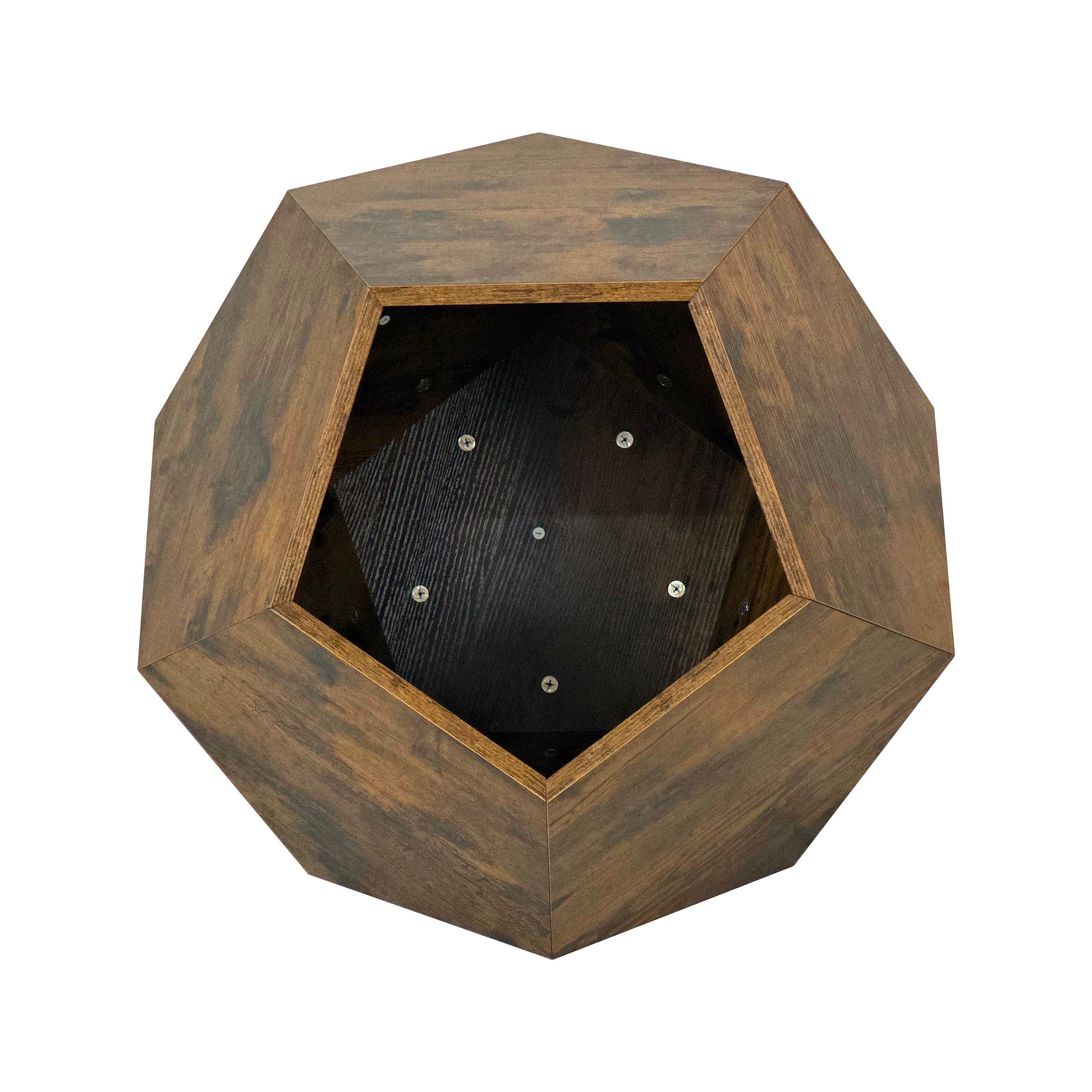 Antique brown MDF hexagonal cat kennel side table with open entrance and black interior mat