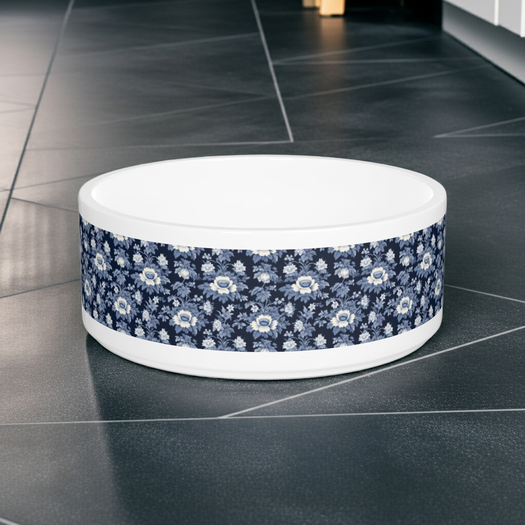 Midnight Blue Garden in Bloom Pet Bowl — Ceramic, 16oz, Dishwasher-Safe
