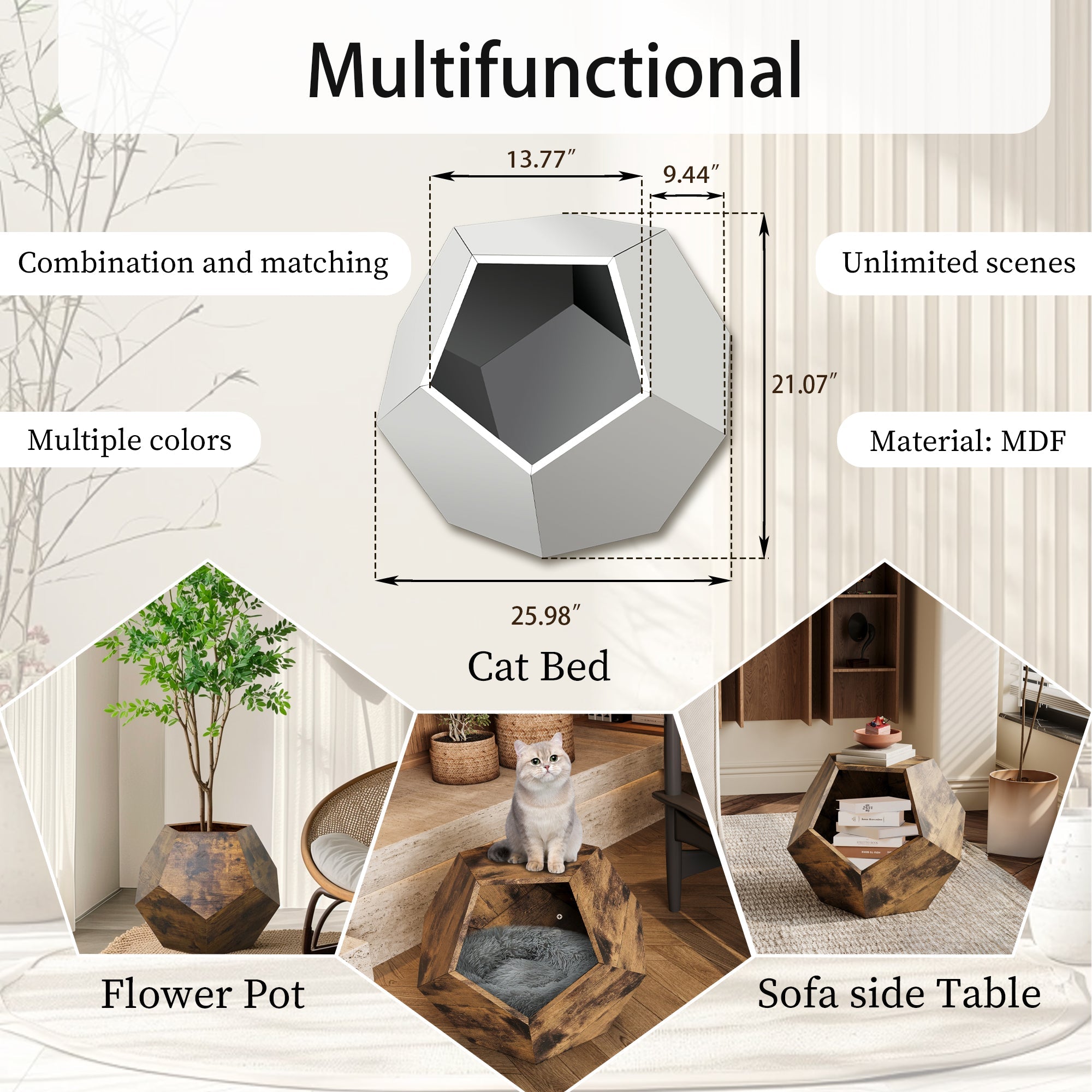 Multifunctional cat kennel side table MDF, shows size 25.98 in and scene uses