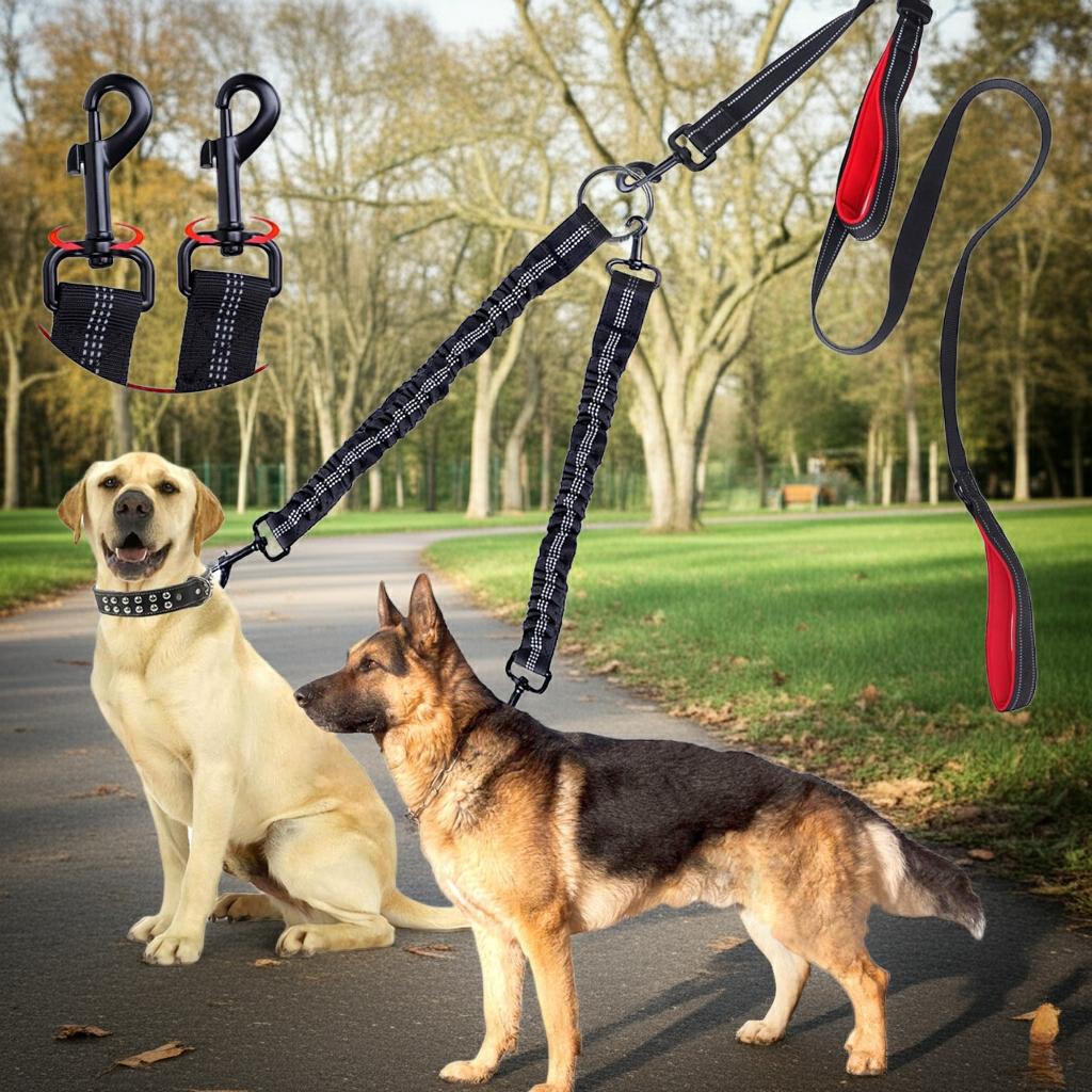 Double dog leash with swivel clips, black patterned webbing and red handle
