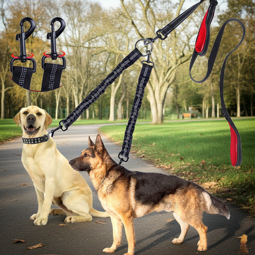 Double dog leash worn by two dogs: black straps, red padded handles, and clasp rings.