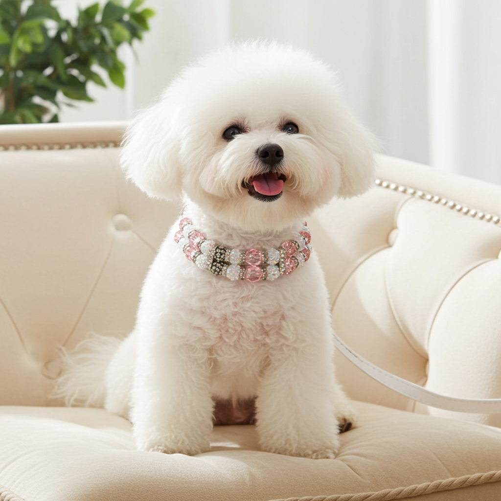 Beaded pet collar and leash on small white dog, pink multicolor crystal collar