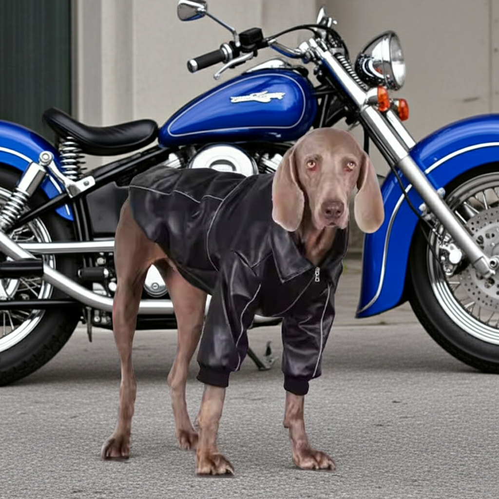 Black dog leather jacket with front zipper on dog, standing in profile.