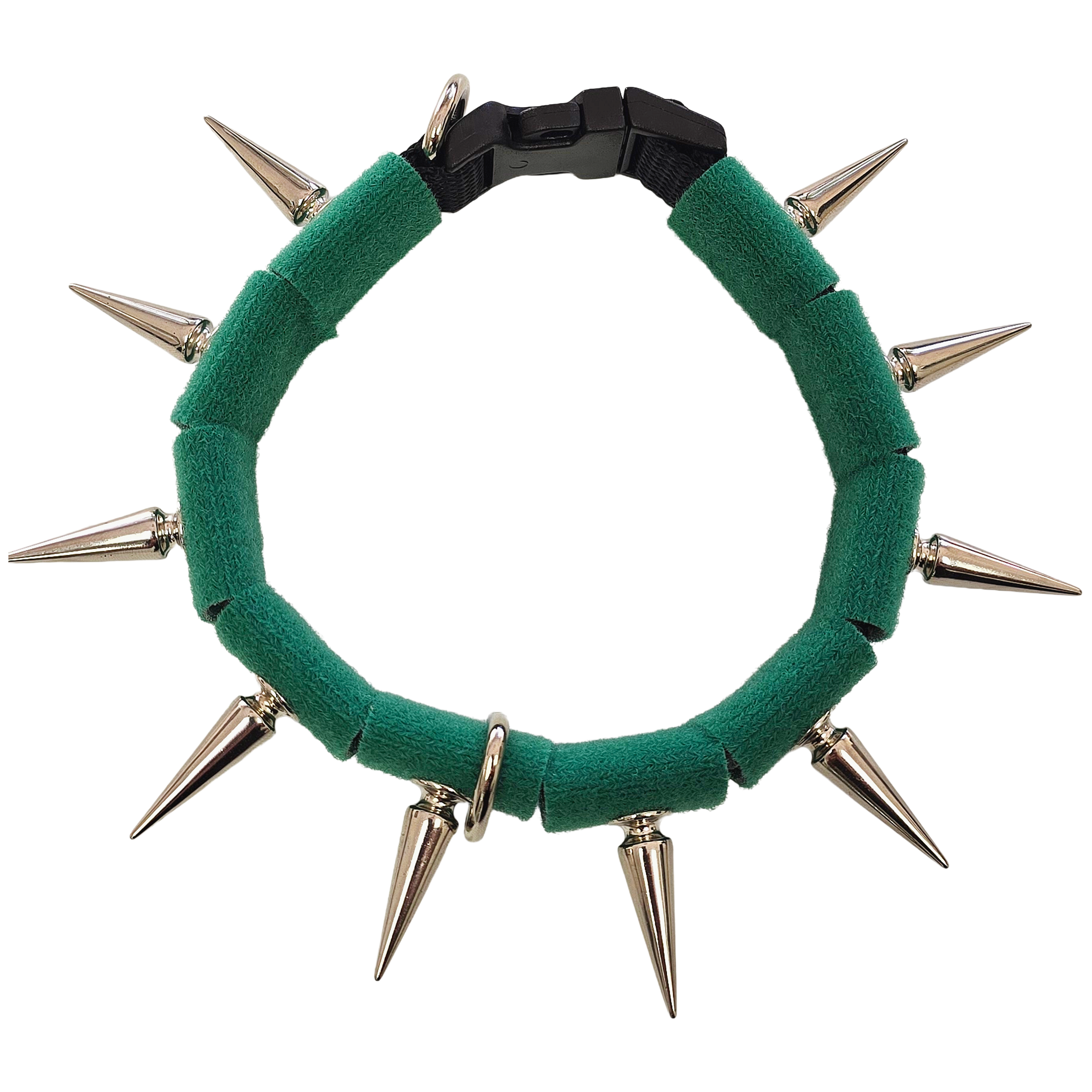 Spiked collar with green fabric band, black clasp, and silver-tone metal spikes