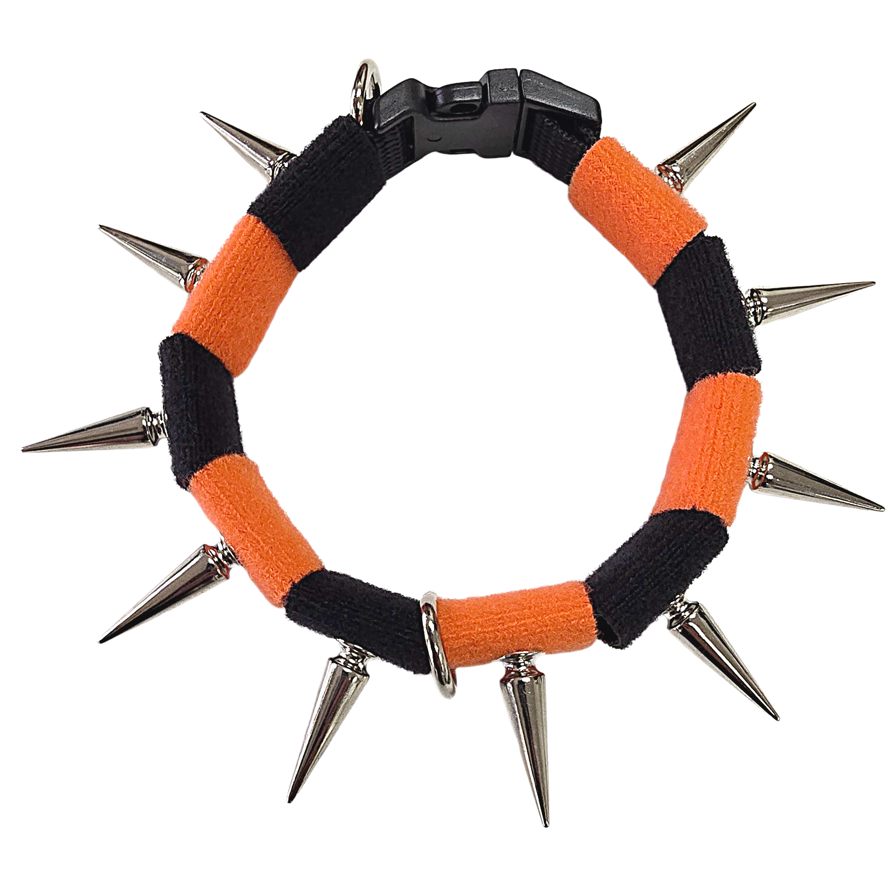 Coyote collar two-tone black and orange fabric ring with silver spikes and metal clasp.
