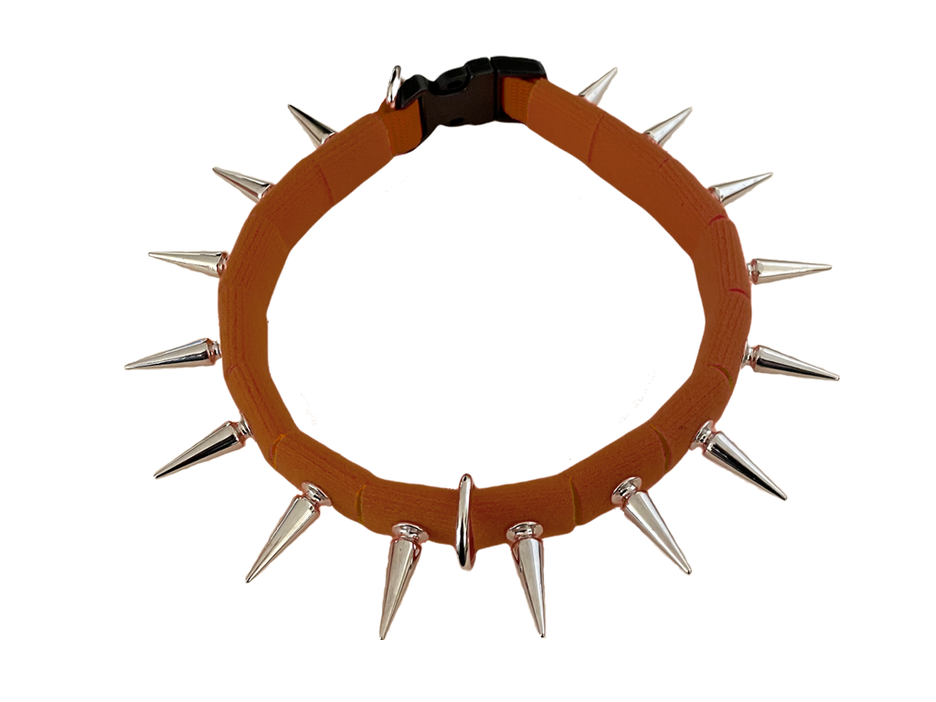 Spiked fabric coyote collar in brown with silver studs and metal links